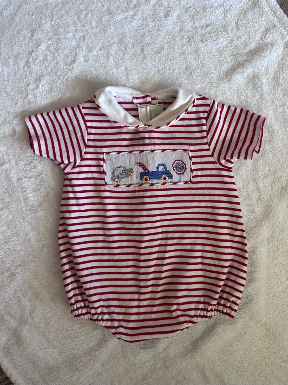 Striped Red and White Baby One-Piece with Car Applique